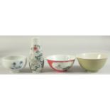 THREE CHINESE PORCELAIN BOWLS, together with a famille rose vase, (4).