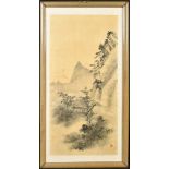 A CHINESE PAINTING OF A MOUNTAINOUS LANDSCAPE, with red seal mark, framed and glazed, image 68cm x