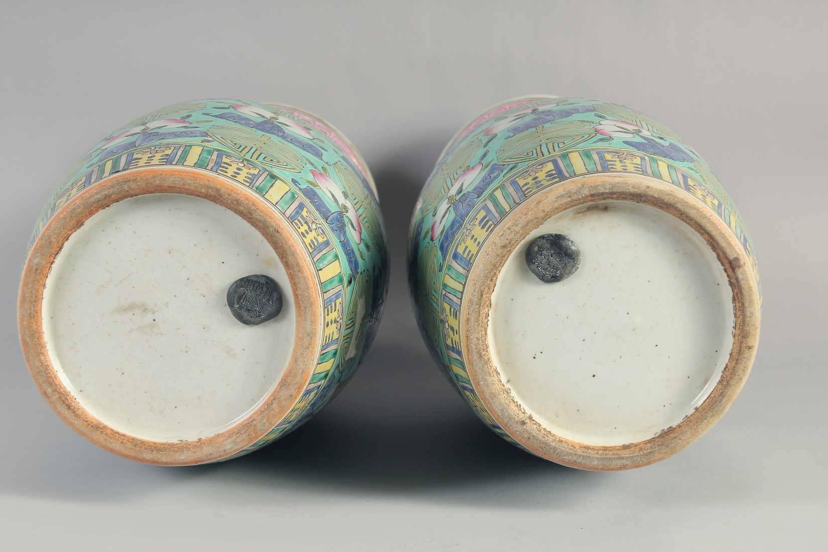 A LARGE PAIR OF CHINESE FAMILLE ROSE PORCELAIN VASES, each decorated with Shou symbols, peach and - Image 6 of 8