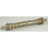 A RARE 13TH CENTURY PERSIAN SELJUK KHURASAN OPENWORKED BRONZE SCROLL HOLDER, 21.5cm long.