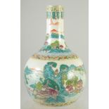 A CHINESE FAMILLE VERTE PORCELAIN BOTTLE VASE, painted with landscape scene, 33cm high.