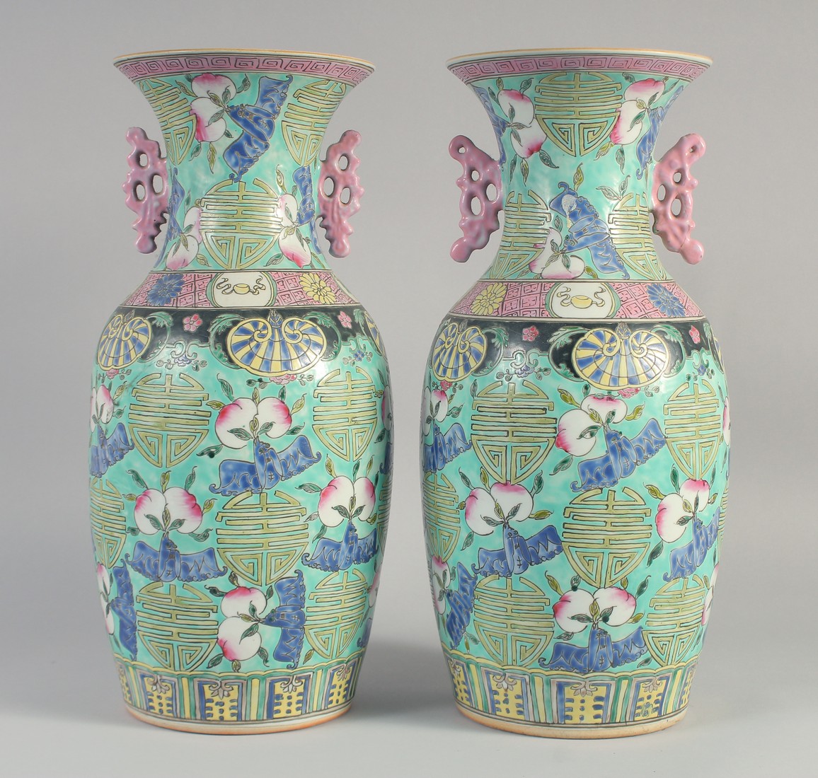 A LARGE PAIR OF CHINESE FAMILLE ROSE PORCELAIN VASES, each decorated with Shou symbols, peach and - Image 3 of 8