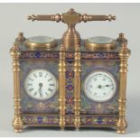 A GOOD SMALL BRASS AND CLOISONNE ENAMEL CLOCK AND BAROMETER COMBINED with columns and supports and