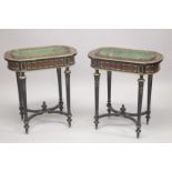 A PAIR OF 19TH CENTURY FRENCH AMBOYIA, EBONY , MOTHER OF PEARL AND ORMOLU JARDINERES of