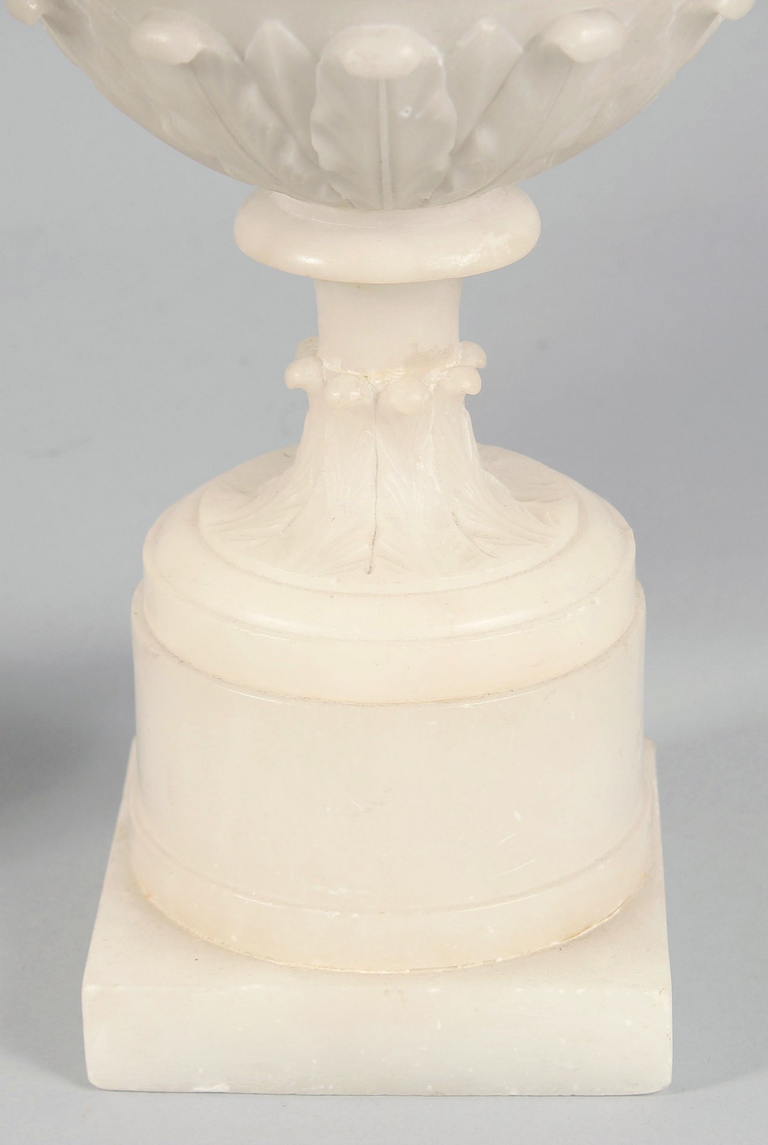 A VERY GOOD PAIR OF 19TH CENTURY FRENCH ALABASTER, TWO HANDLED URNS AND COVERS, carved with garlands - Image 7 of 7