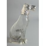 A GOOD SILVER PLATED GLASS DOG CLARET JUG. 9ins high.
