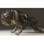 A GOOD LARGE GLASS BULL DOG. Signed. 14ins long.