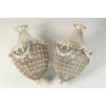 A PAIR OF SILVER PLATE AND CRYSTAL ACORN SHAPED HANGING LIGHTS. 14ins long.