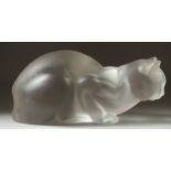 A LARGE LALIQUE FROSTED GLASS CROUCHING CAT. Engraved Lalique France. 8.5ins high.