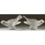 A PAIR OF LALIQUE FROSTED GLASS BIRDS 5ins high. Etched, Lalique, France.