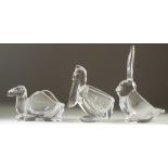 A SET OF THREE GLASS NOVELTY BOWLS: STORK, CAMEL AND RABBIT.