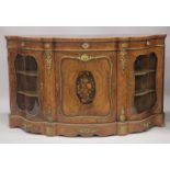 A SUPERB VICTORIAN FIGURED WALNUT AND MARQUETRY CREDENZA, SERPENTINE SHAPE WITH CENTRE BOWED DOOR