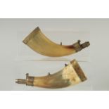 TWO BRASS MOUNTED HORN POWDER FLASKS. 8ins long.
