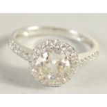 A SUPERB 18CT WHITE GOLD, 1 CARAT CENTRAL STONE, HALF CLUSTER RING.