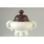 A BLANC DE CHINE PORCELAIN CENSER and hardwood cover. 18cm wide( handle to handle).