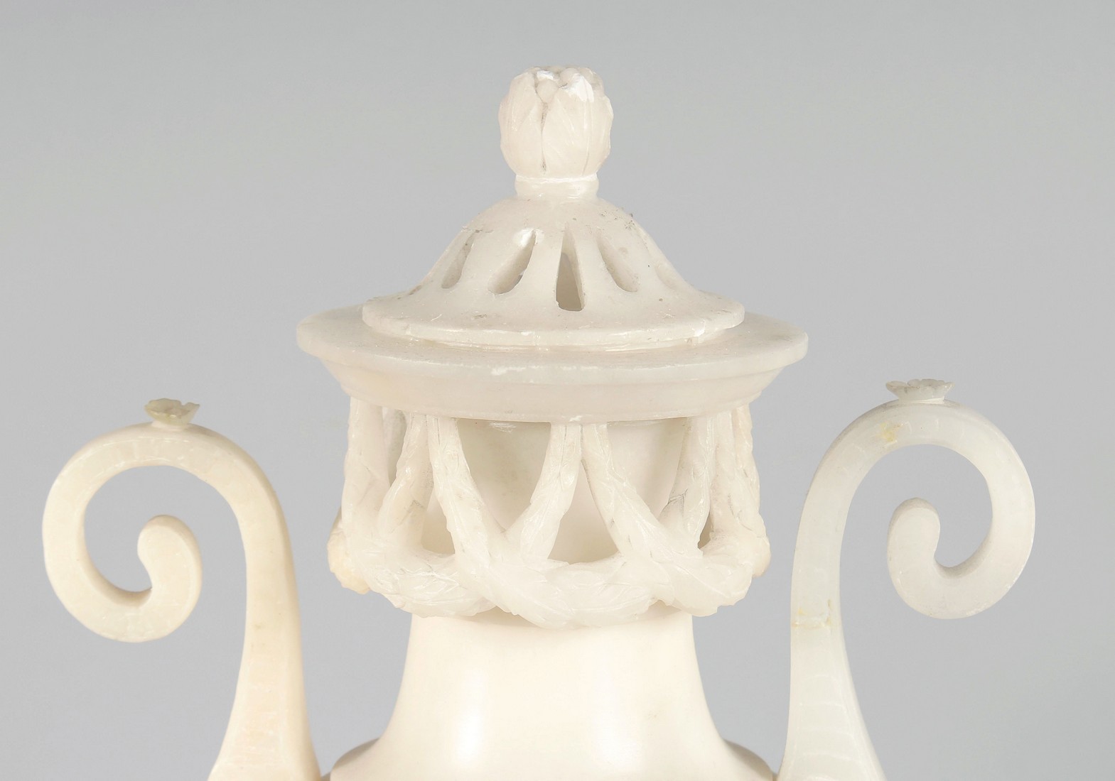 A VERY GOOD PAIR OF 19TH CENTURY FRENCH ALABASTER, TWO HANDLED URNS AND COVERS, carved with garlands - Image 5 of 7