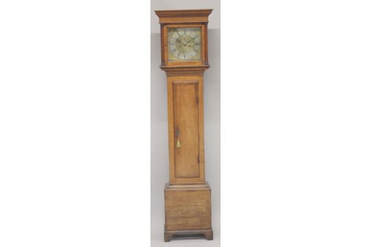 AN 18TH CENTURY OAK LONGCASE CLOCK with eight day movement, square brass dial, the silvered