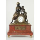 A SUPERB 19TH CENTURY SEVRES BRONZE AND MARBLE CLOCK with two classical bronze figure and drum