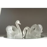 A VERY GOOD PAIR OF LALIQUE FROSTED GLASS SWANS on mirrored plateau stand. 23ins x 15ins Etched
