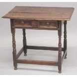 AN 18TH CENTURY OAK SIDE TABLE with plank top, long freize drawer with brass handles, on turned legs