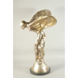 A LARGE SILVERED BRONZE ROLLS ROYCE CAR MASCOT on a circular base. 26ins high.