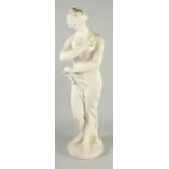 A GOOD LARGE CLASSICAL REVIVAL CARVED WHITE MARBLE STANDING FEMALE SEMI-NUDE her hair in a bun, arms