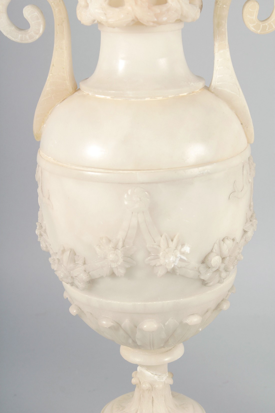 A VERY GOOD PAIR OF 19TH CENTURY FRENCH ALABASTER, TWO HANDLED URNS AND COVERS, carved with garlands - Image 3 of 7