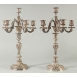 A SUPERB PAIR OF CHRISTOPHEL FIVE BRANCH CANDLESTICKS on circular bases. 18ins high.