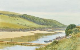 William Edward Croxford, An idyllic West Country river landscape with figures on the bank,