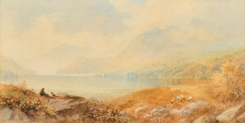 C. Pearson (1805-1891), An extensive landscape with mountains around a loch, sheep grazing and a