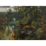 Edgar Longstaffe (1852-1933), figure in a rowing boat on a tree lined river, oil on canvas, signed