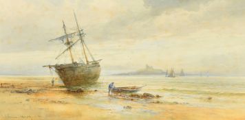 Emil Axel Krause (1871-1945) Danish, A beach scene with two figures, moored boats and sailing