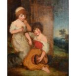 Late 18th Century English School, children and a cat seated outside a rural cottage, oil oncanvas,