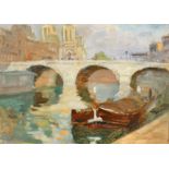 Attributed to Gustave Madelain (1867-1944) French, Barge on the Seine, Paris, oil on paper laid on