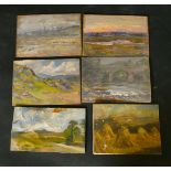 A grouped lot of twelve 20th Century unframed oil on board landscapes, all around 6" x 9" (15 x