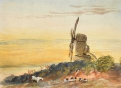 David Cox Junior (1809-1885), a windmill at sunset, watercolour, 4.5" x 6" (11.5 x 15cm), Agnew's