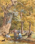 North American School (19th Century), Lumberjacks and a dog in a forest clearing, watercolour, 12" x