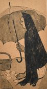 Peter Barrett (20th Century), a seated figure holding an umbrella, ink and wash, signed, 16" x 8.