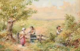 Circle of Myles Birket Foster, children gathered in a field with sheep beyond, watercolour, bears