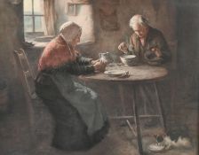 After H.J. Dobson, A colour print of a Scottish couple having a frugal meal in an oak parcel gilt