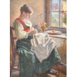 Carl Kricheldorf (1863-1934) German, a young female in traditional dress sat sewing by a window, oil