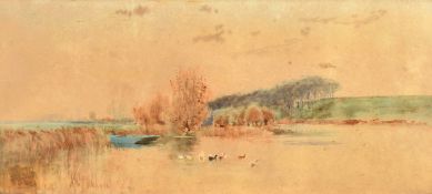 T. H. Leslie, Ducks on a pond, watercolour, signed and dated '92, 8.5" x 19.25", (21.5x49cm) in a
