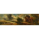 Circle of Constable, an oil sketch of a figure in open farmland, oil on oak panel, stamped with