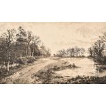 Fred Slocombe (1847-1920), a scene of figures and ducks on a road beside a lake, engraving, signed