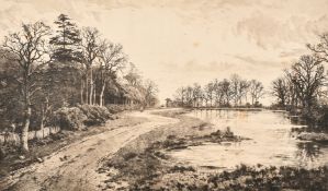 Fred Slocombe (1847-1920), a scene of figures and ducks on a road beside a lake, engraving, signed