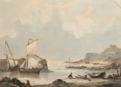 19th Century English School, a fisherman hauling nets in a harbour, watercolour, 10" x 14" (25.5 x