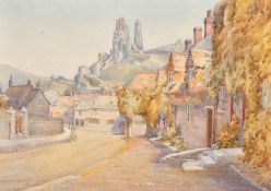 Albert E. Hayes (1879-1968), a village view with a castle ruin on a hilltop beyond, signed and