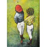 20th Century, an acrylic on paper study of two jockeys in conversation, indistinctly signed, 21" x