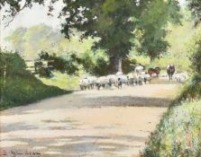 Isabella Wylie Lowe, Sheep on a country lane, watercolour, signed and dated 1915, 8.25" x 10.5", (