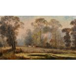 John Longstaffe (1849-1912), figures and cattle by a woodland cottage, oil on canvas, signed, 12"